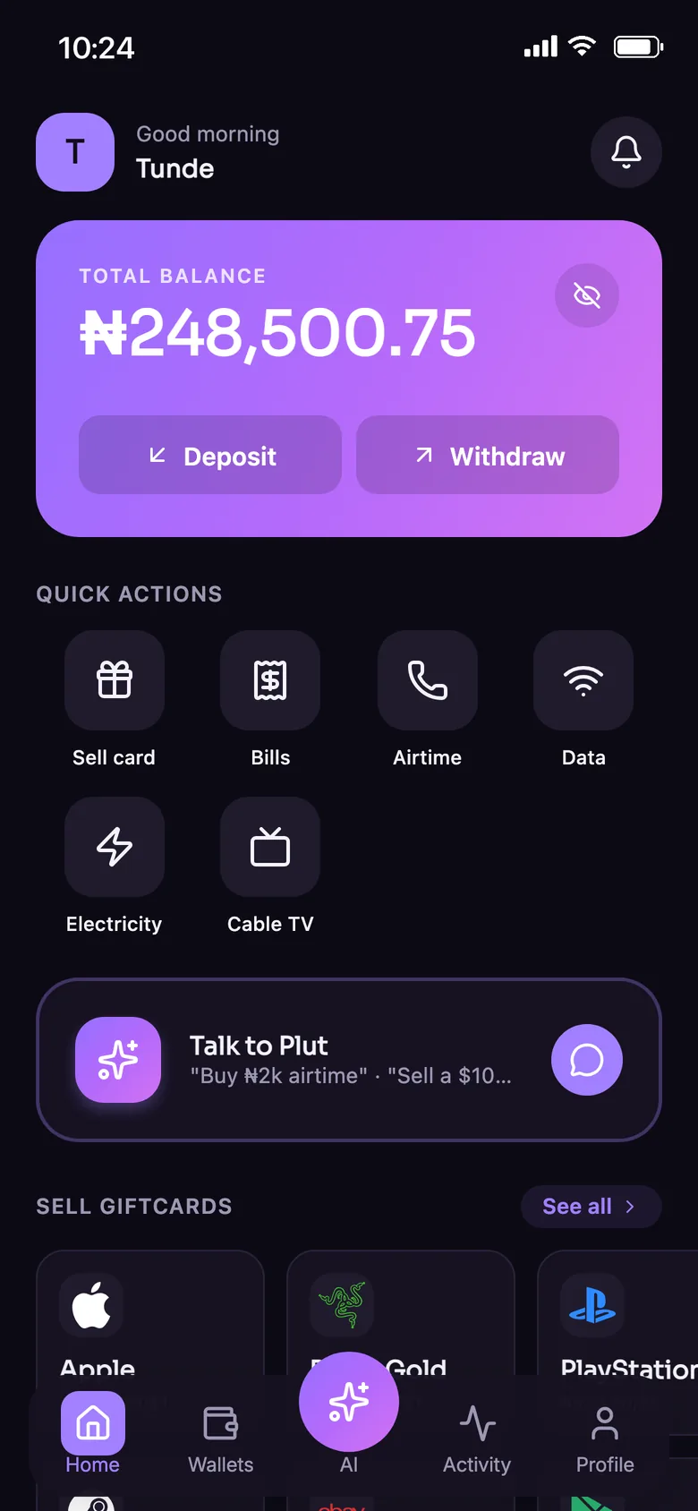 Plut home screen with Naira balance and quick actions