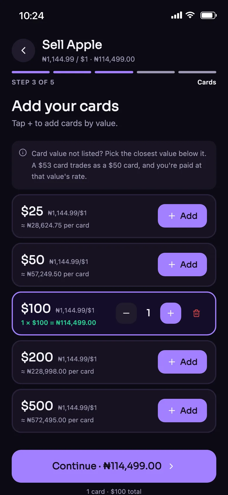 Selling a gift card in the Plut app with the rate and Naira payout shown