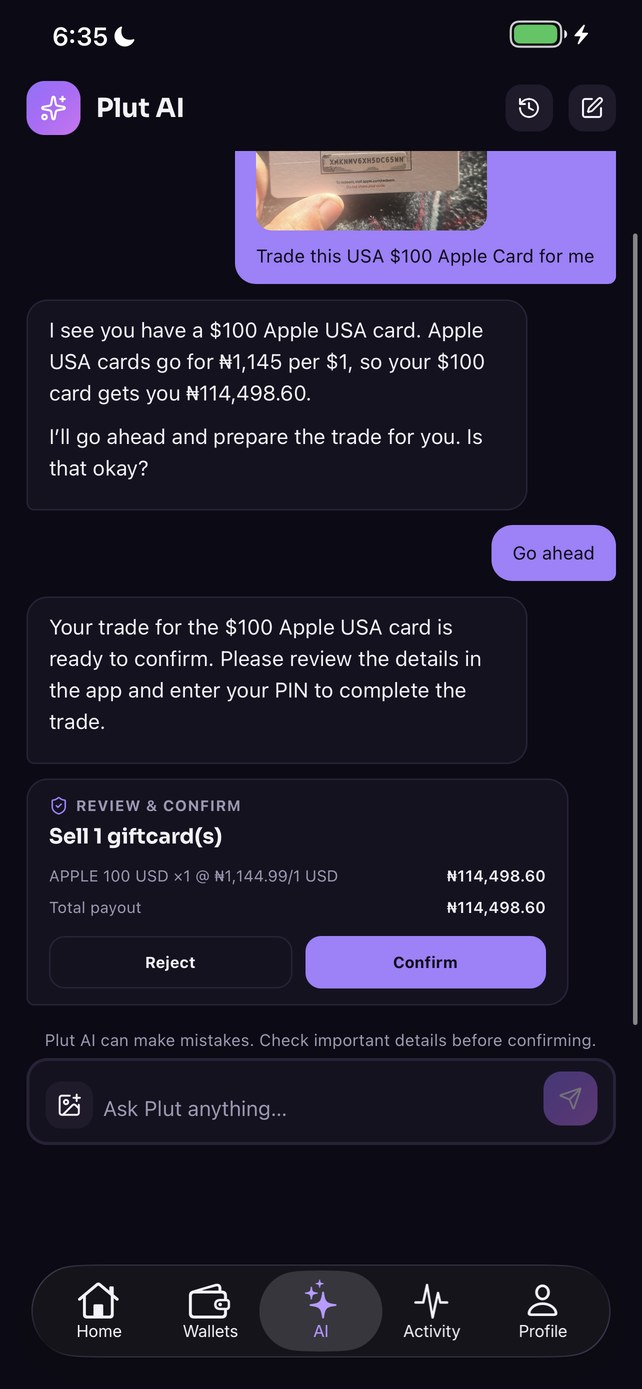 The Review and Confirm card for the Apple card trade, with Reject and Confirm buttons