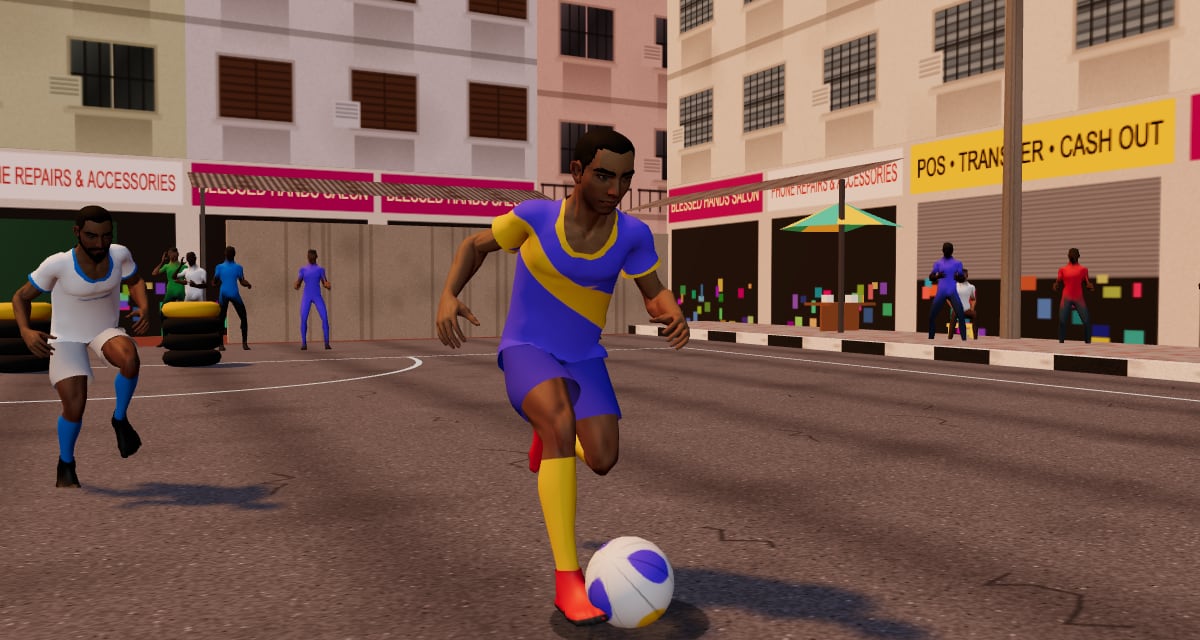 Plut Street Soccer: players on a street pitch